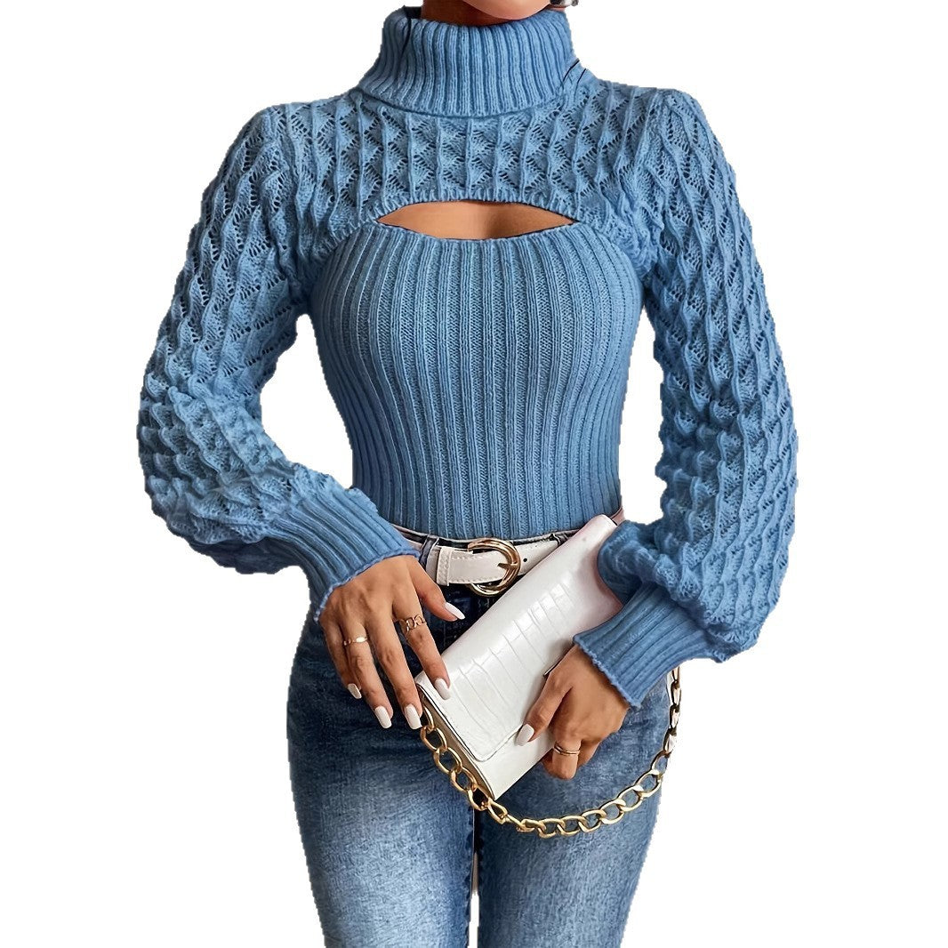 Damen Rollkragen-Strickpullover mit Hohlmuster – Cable Knit Design